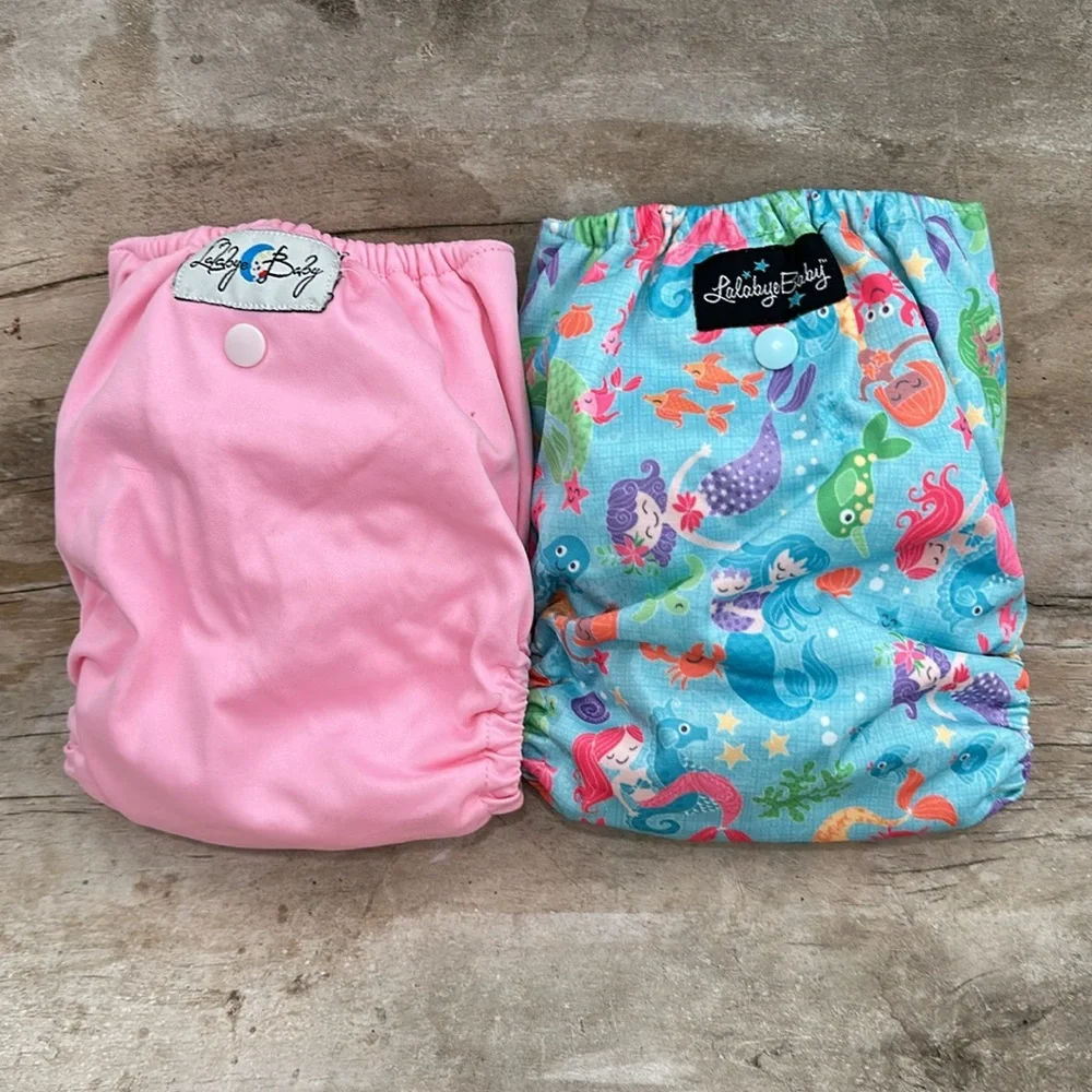 Lalabye Baby, one size cloth diapers reusable. Pair, one print one solid. *USED*